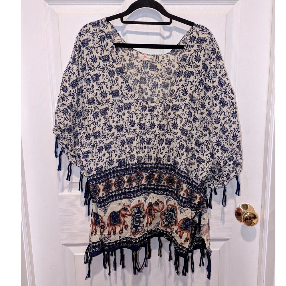 Boho Elephant Print Tassel Top Kimono O/S Swim Cover Festival Cottagecore Tunic